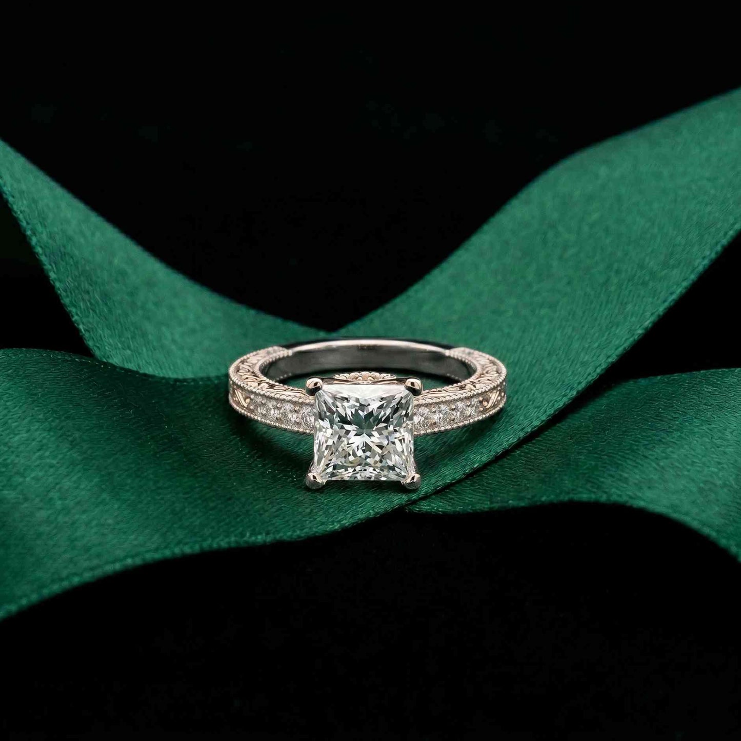 2.35 Ct Princess Cut Moissanite Antique Detail Ring White