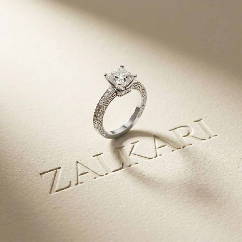 2.35 Ct Princess Cut Moissanite Antique Detail Ring White