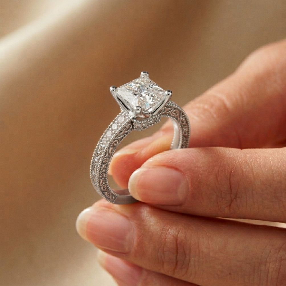 2.35 Ct Princess Cut Moissanite Antique Detail Ring White