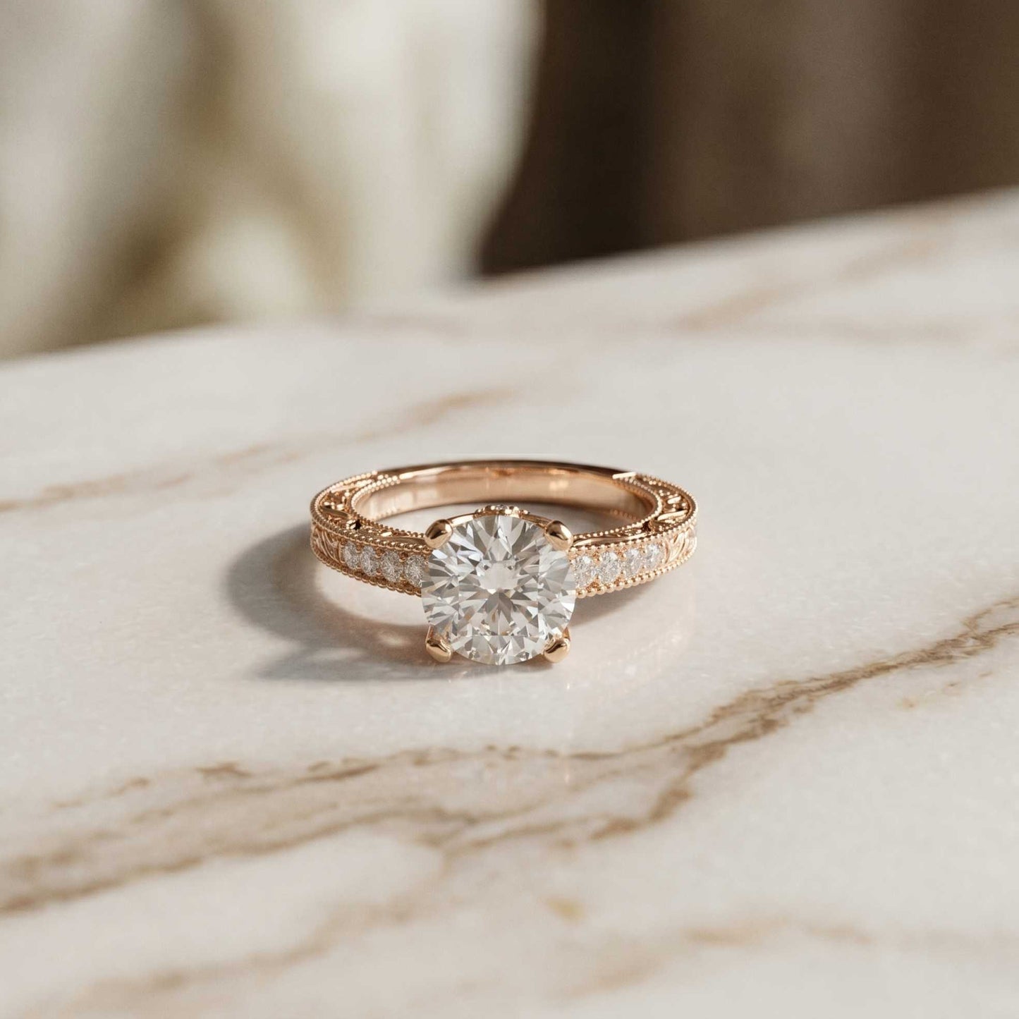 2.20 Ct Round Cut Moissanite Artisan Engraved Ring Rose Gold