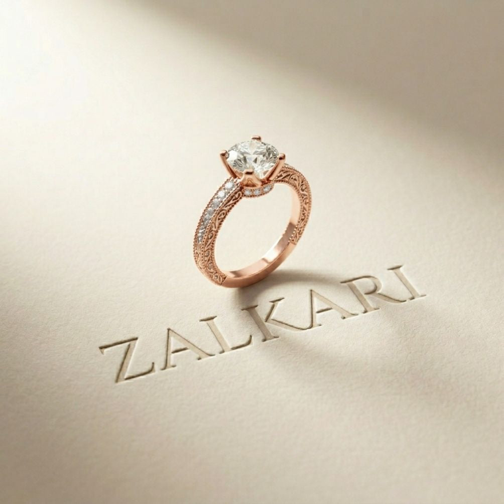 2.20 Ct Round Cut Moissanite Artisan Engraved Ring Rose Gold