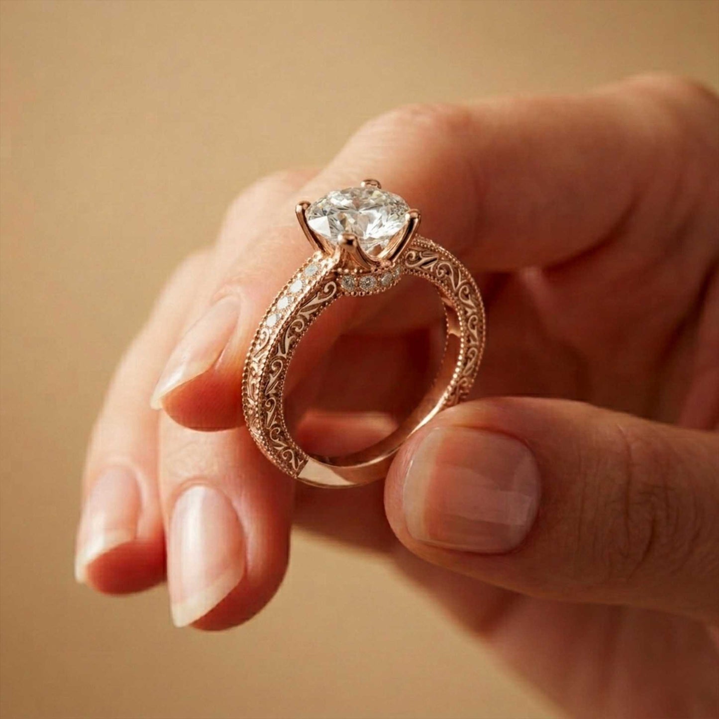 2.20 Ct Round Cut Moissanite Artisan Engraved Ring Rose Gold