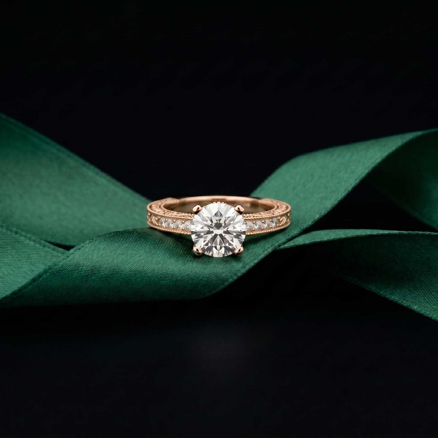 2.20 Ct Round Cut Moissanite Artisan Engraved Ring Rose Gold