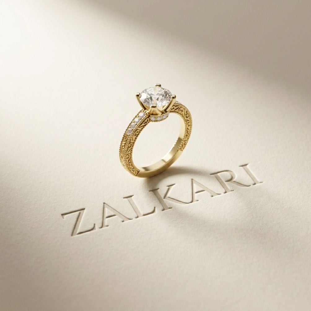 2.20 Ct Round Cut Moissanite Artisan Engraved Ring Gold