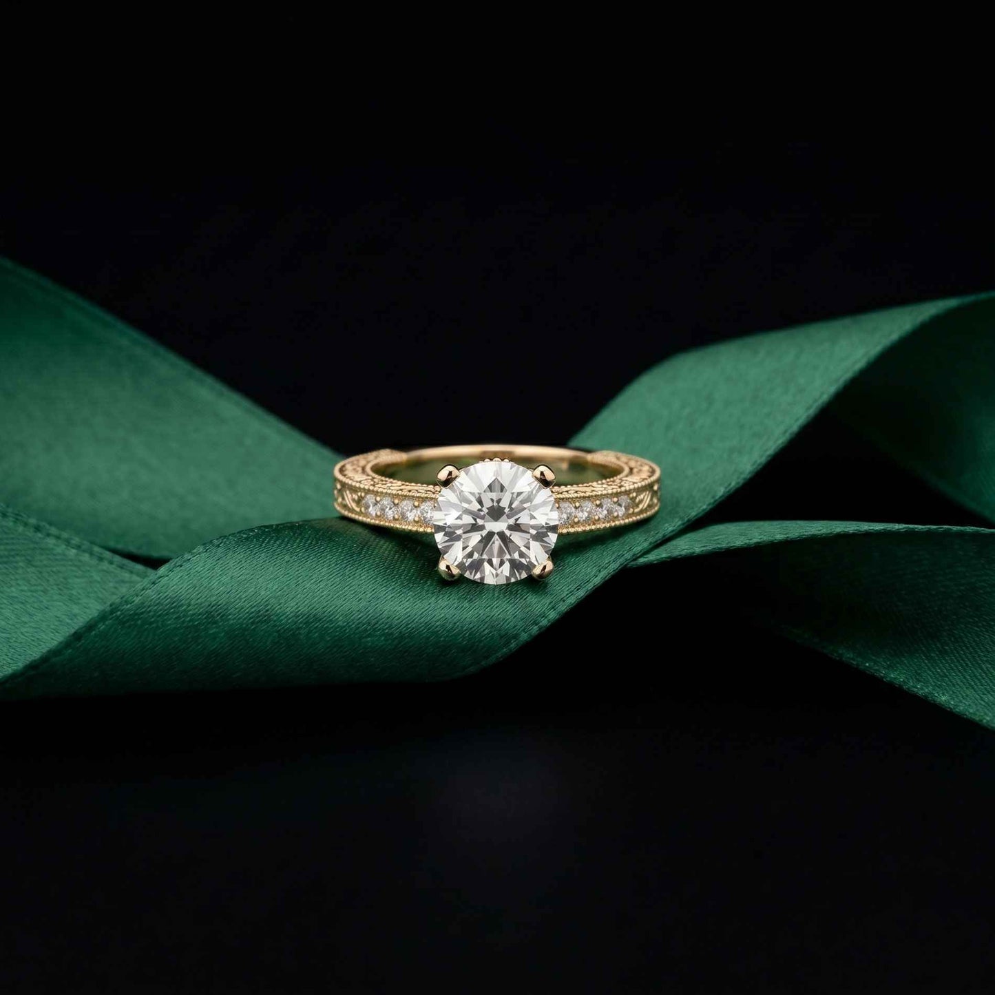 2.20 Ct Round Cut Moissanite Artisan Engraved Ring Gold