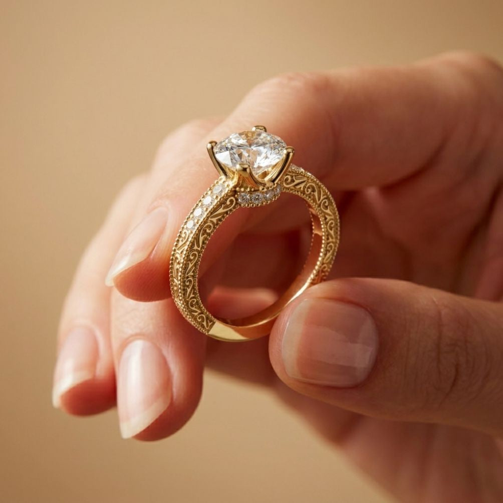 2.20 Ct Round Cut Moissanite Artisan Engraved Ring Gold