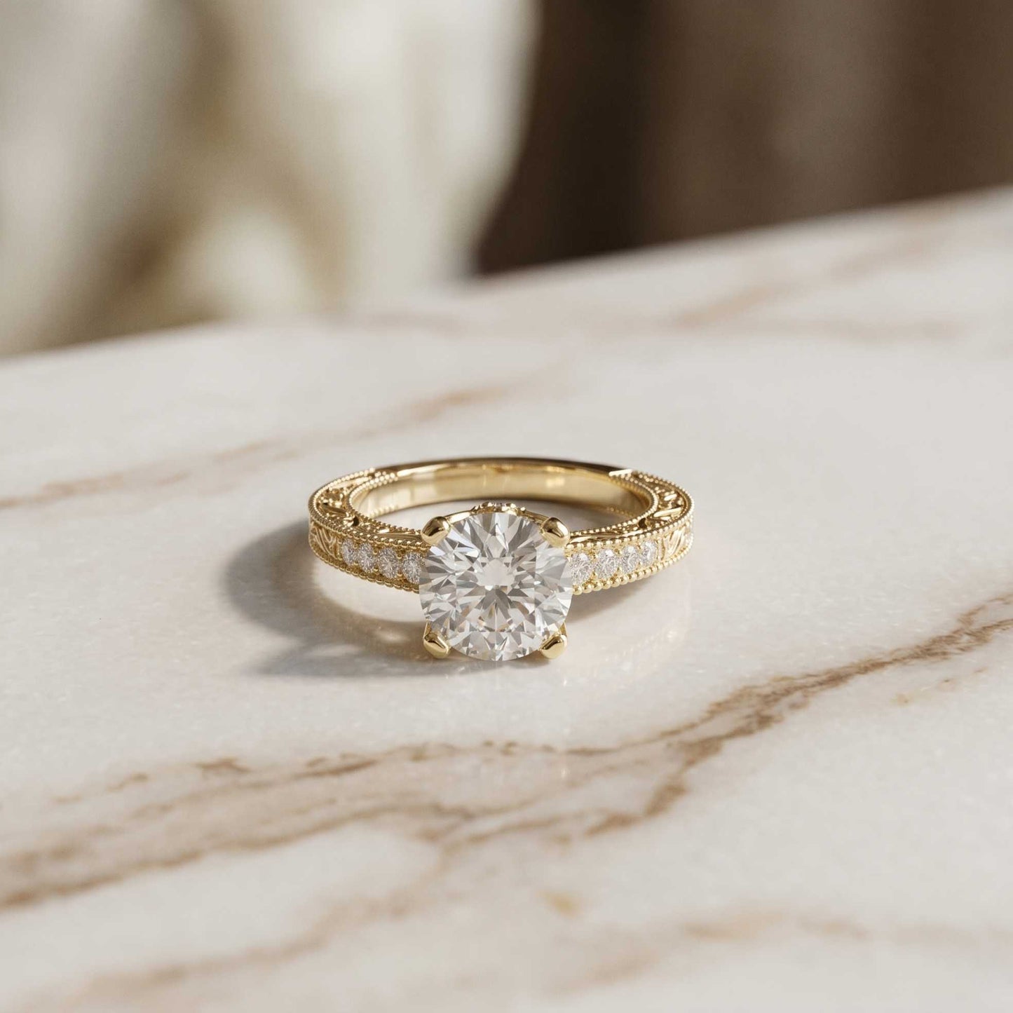 2.20 Ct Round Cut Moissanite Artisan Engraved Ring Gold
