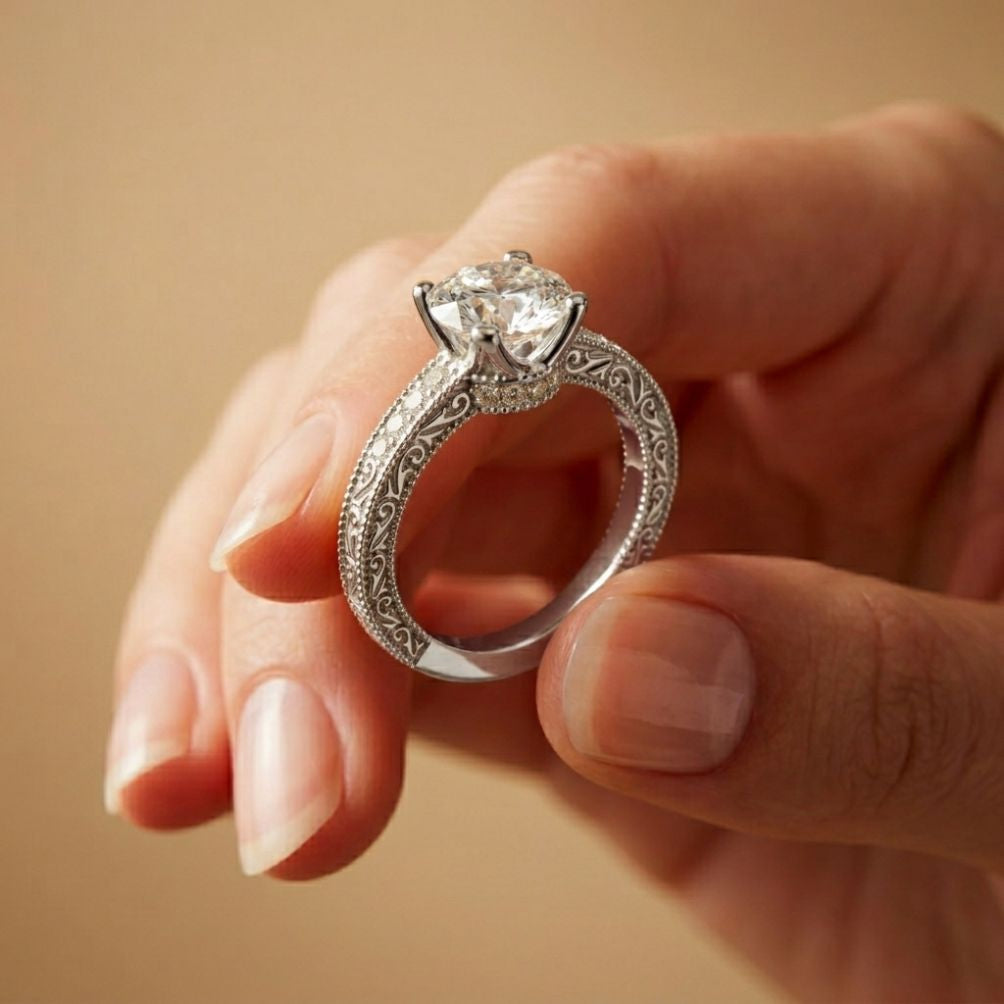 2.20 Ct Round Cut Moissanite Artisan Engraved Ring White