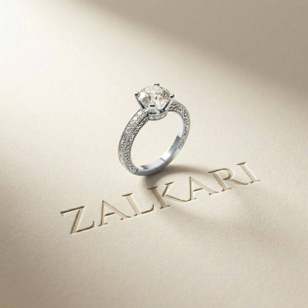 2.20 Ct Round Cut Moissanite Artisan Engraved Ring White