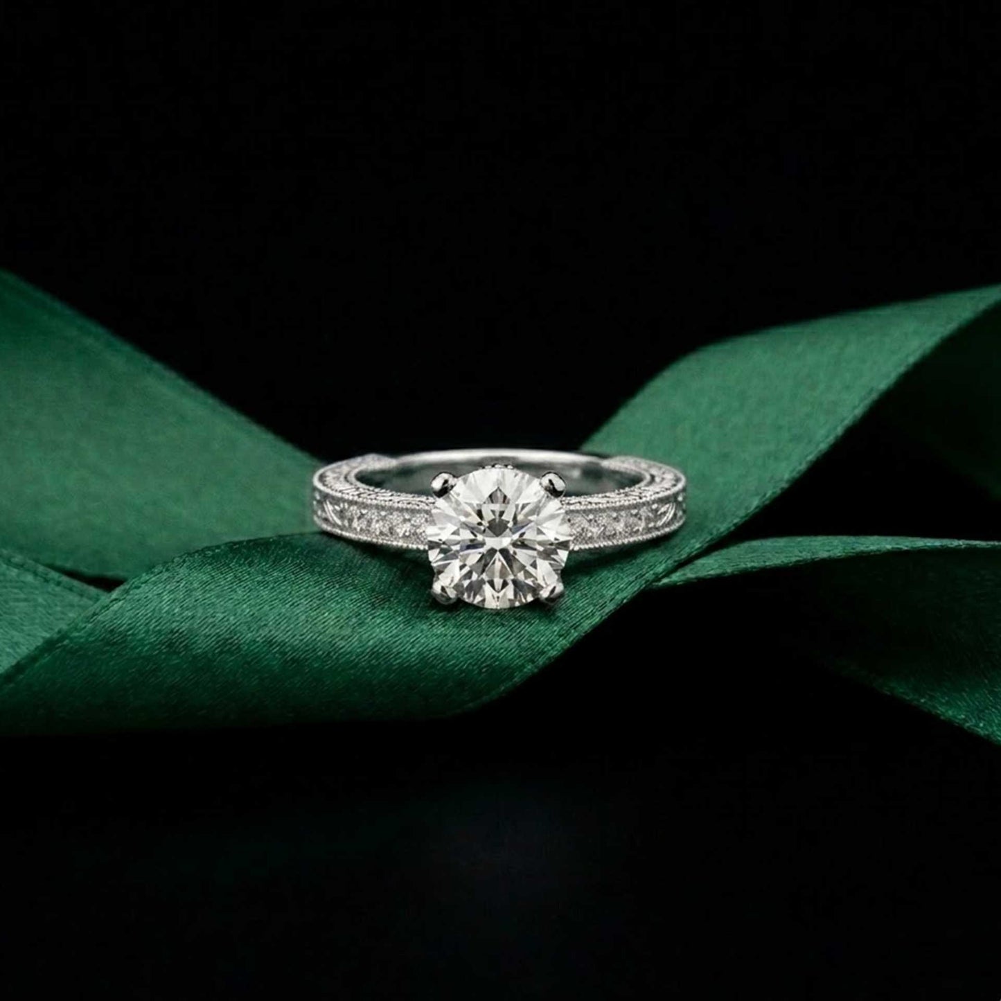 2.20 Ct Round Cut Moissanite Artisan Engraved Ring White