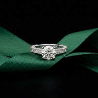 2.20 Ct Round Cut Moissanite Artisan Engraved Ring White