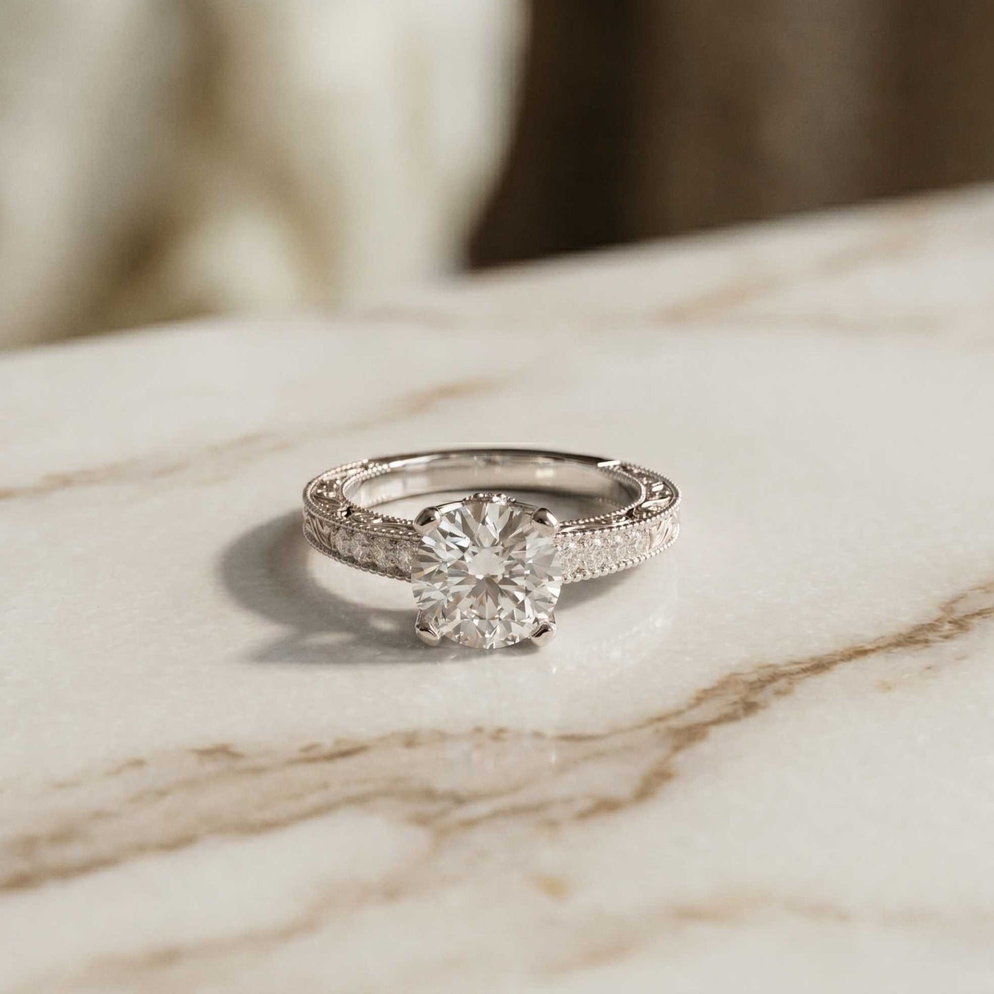 2.20 Ct Round Cut Moissanite Artisan Engraved Ring White