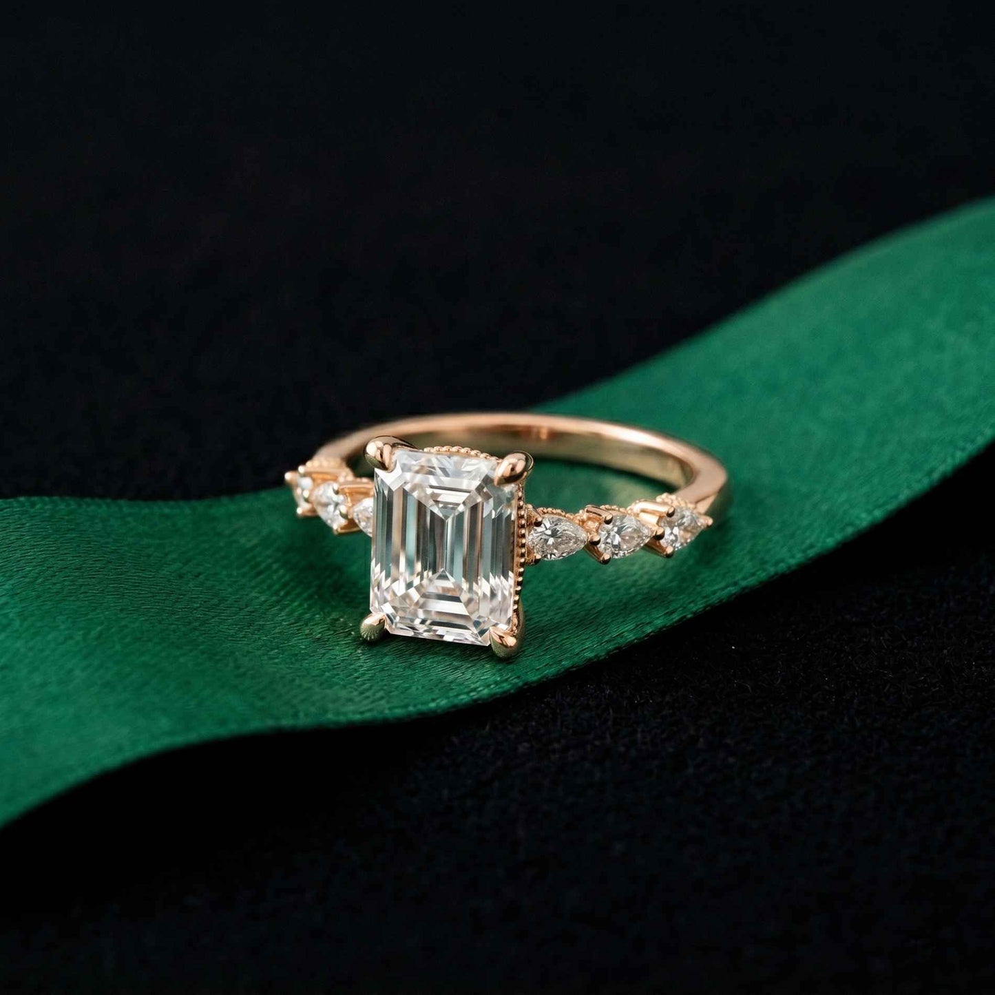 2.45 Ct Emerald Cut Moissanite Vintage Accent Ring Rose Gold