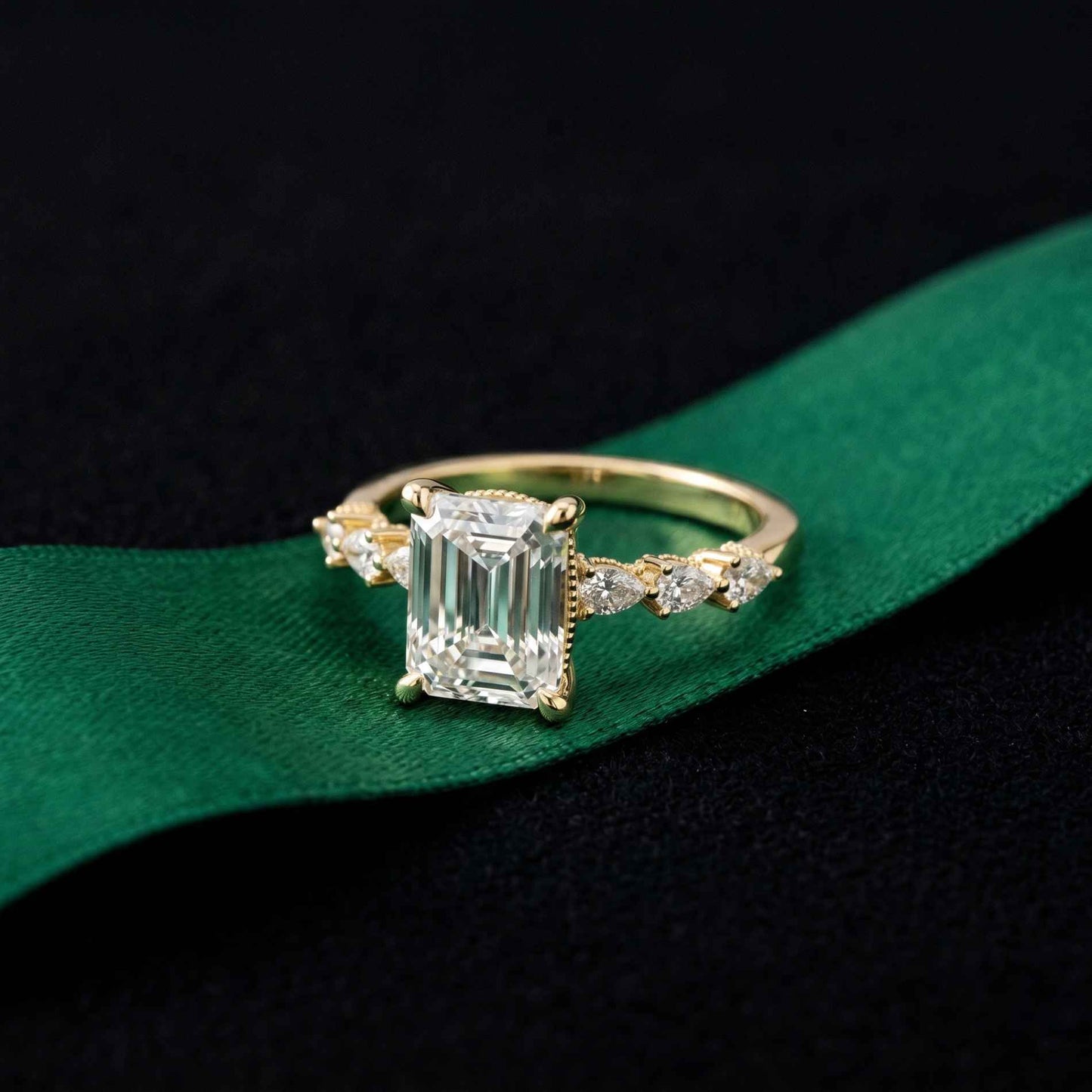 2.45 Ct Emerald Cut Moissanite Vintage Accent Ring Gold