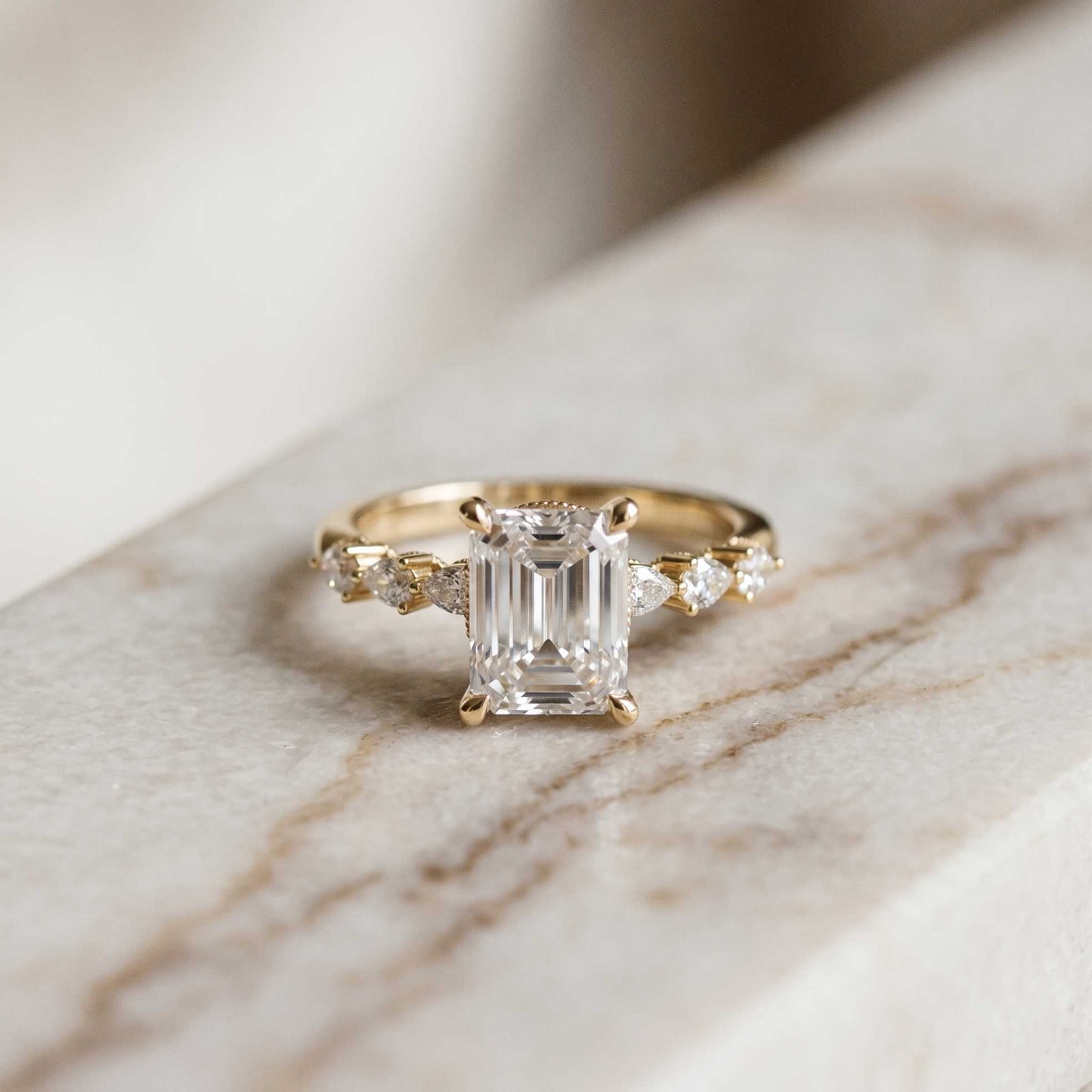 2.45 Ct Emerald Cut Moissanite Vintage Accent Ring Gold