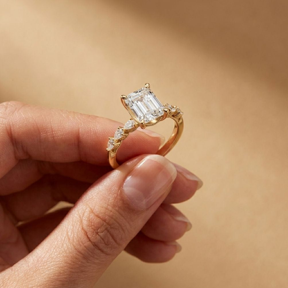 2.45 Ct Emerald Cut Moissanite Vintage Accent Ring Gold
