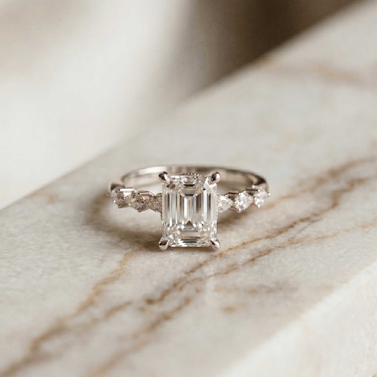 2.45 Ct Emerald Cut Moissanite Vintage Accent Ring White
