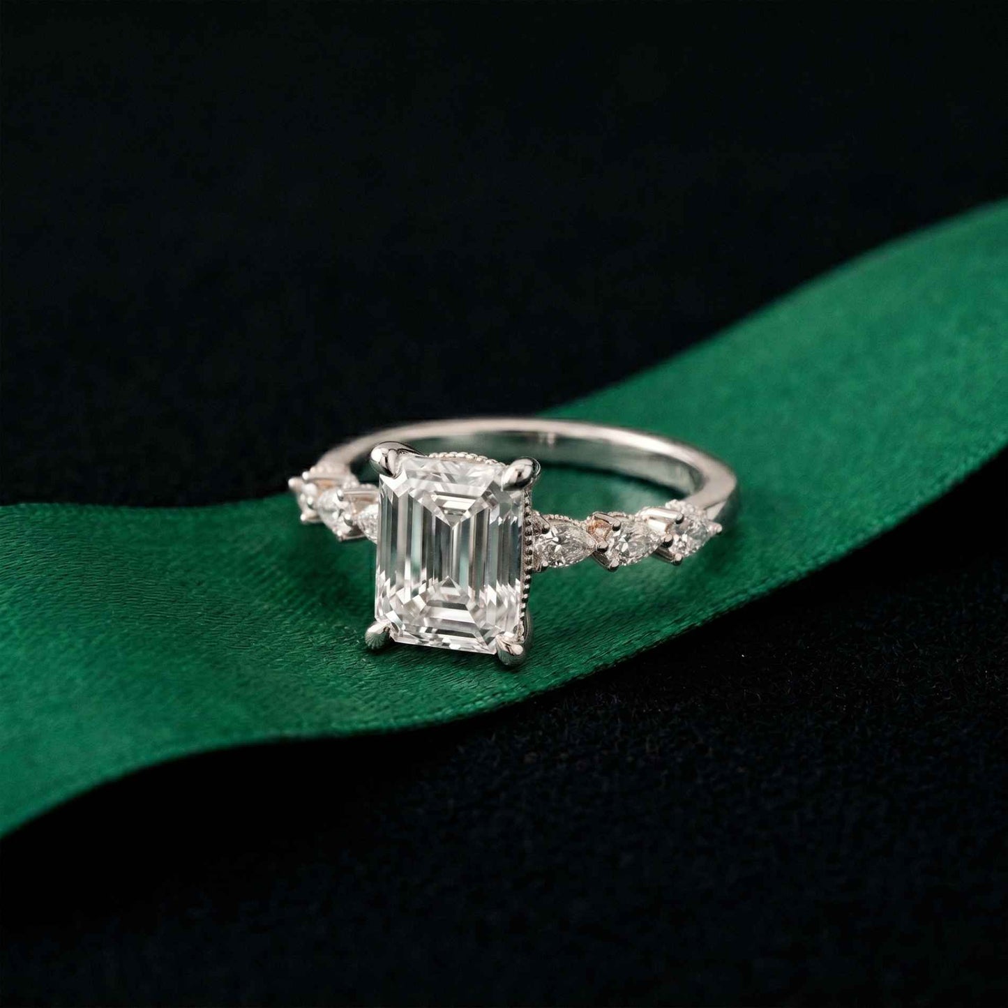 2.45 Ct Emerald Cut Moissanite Vintage Accent Ring White