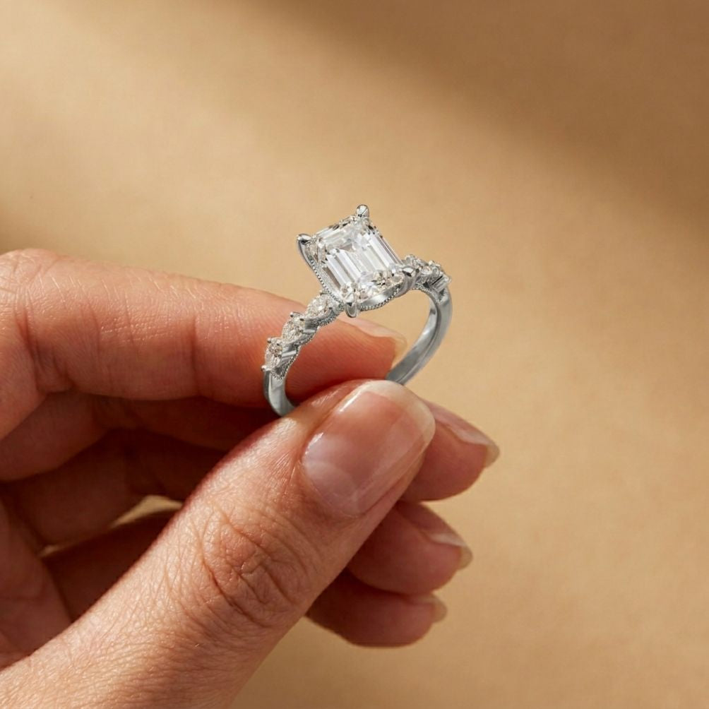2.45 Ct Emerald Cut Moissanite Vintage Accent Ring White