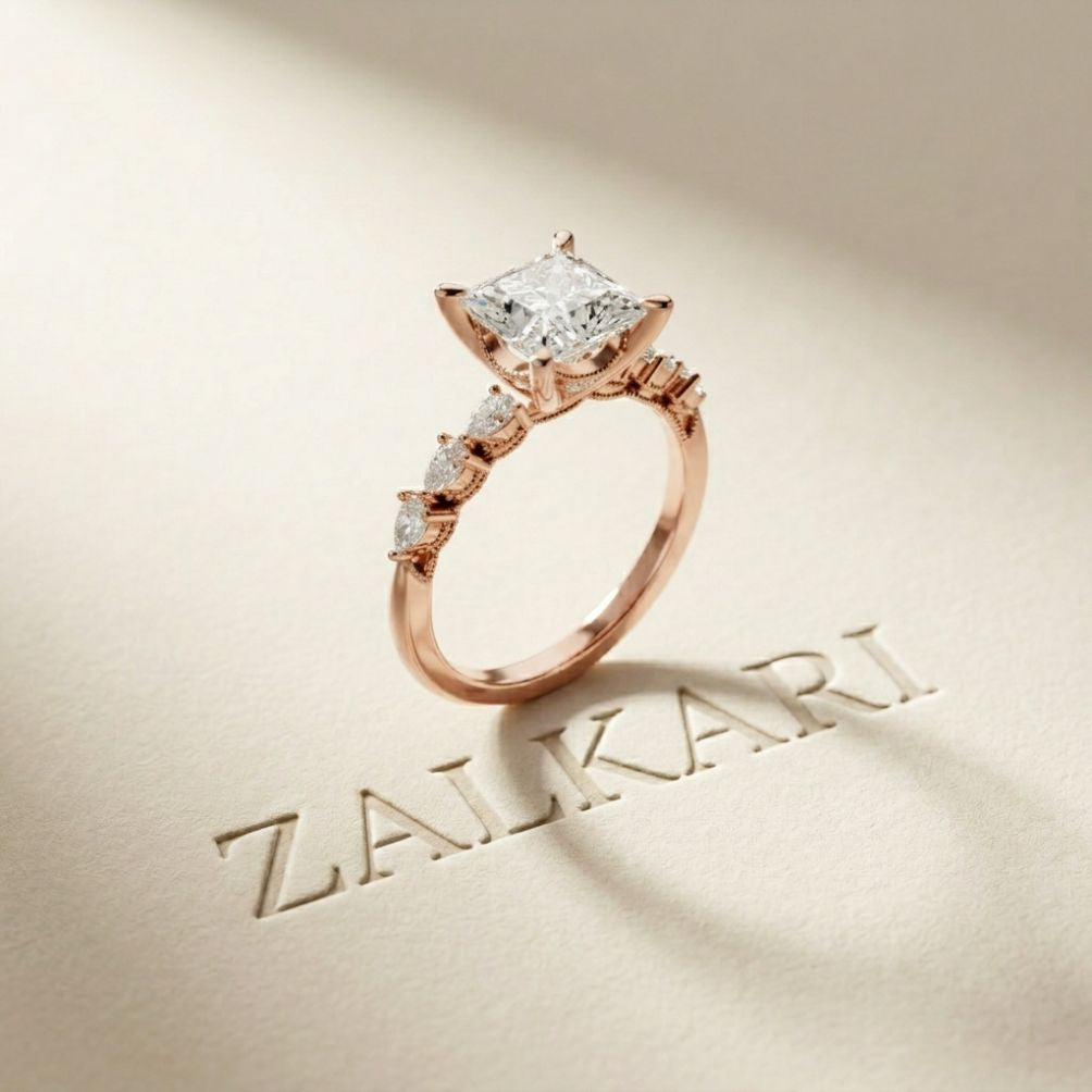 2.10 Ct Princess Cut Moissanite Antique Inspired Ring Rose Gold