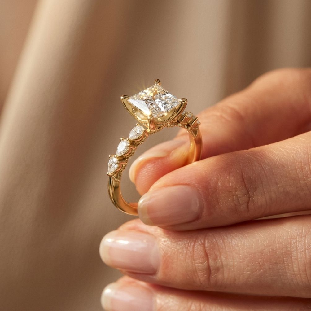 2.10 Ct Princess Cut Moissanite Antique Inspired Ring Gold