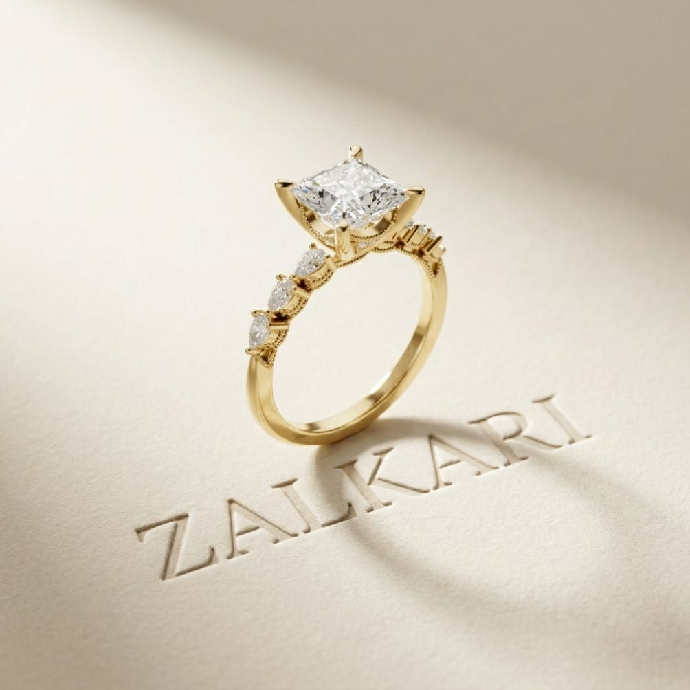 2.10 Ct Princess Cut Moissanite Antique Inspired Ring Gold