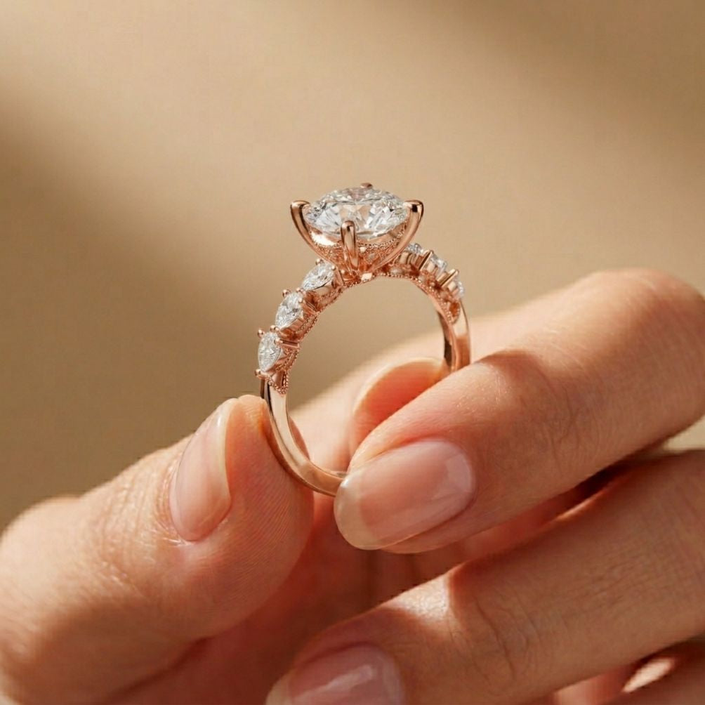 2.30 Ct Round Cut Moissanite Vintage Pear Accent Ring Rose Gold