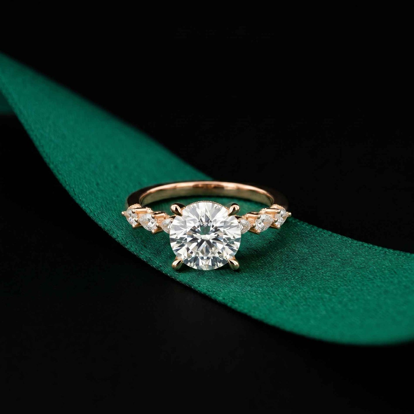 2.30 Ct Round Cut Moissanite Vintage Pear Accent Ring Rose Gold