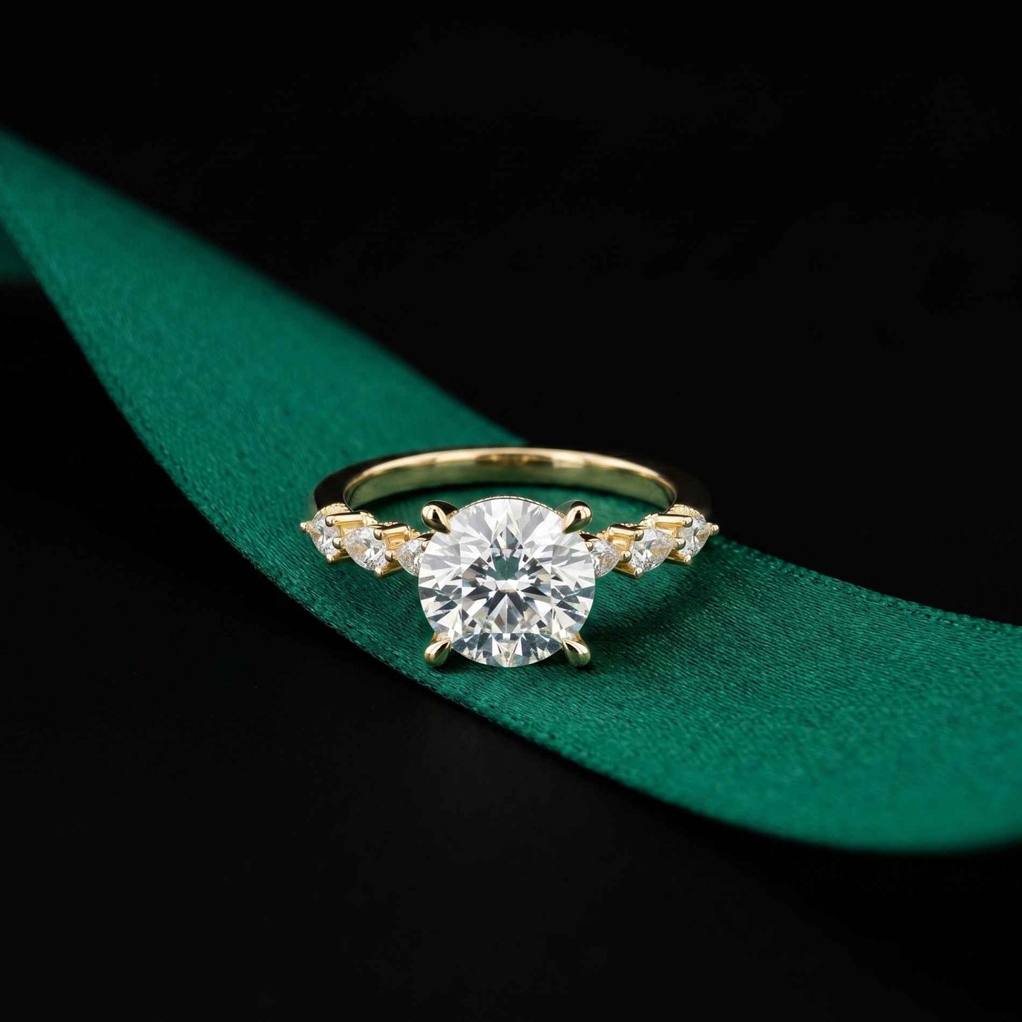 2.30 Ct Round Cut Moissanite Vintage Pear Accent Ring Gold