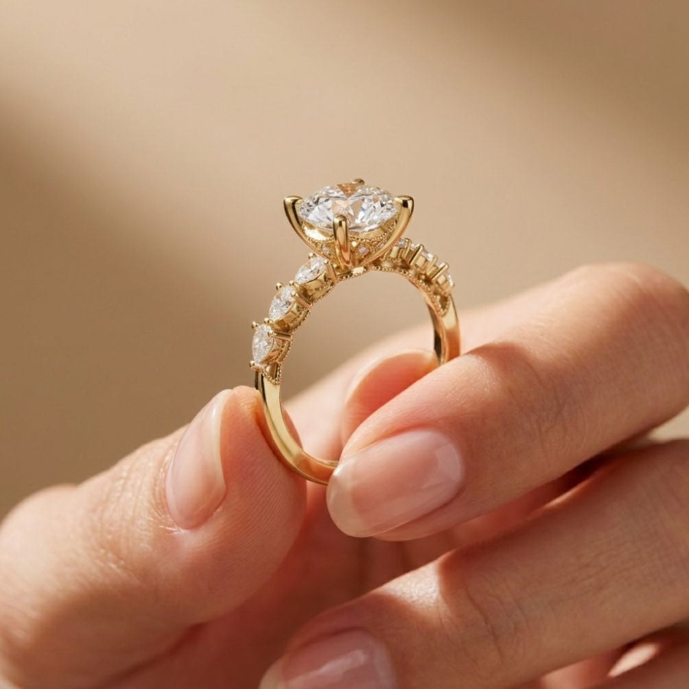 2.30 Ct Round Cut Moissanite Vintage Pear Accent Ring Gold