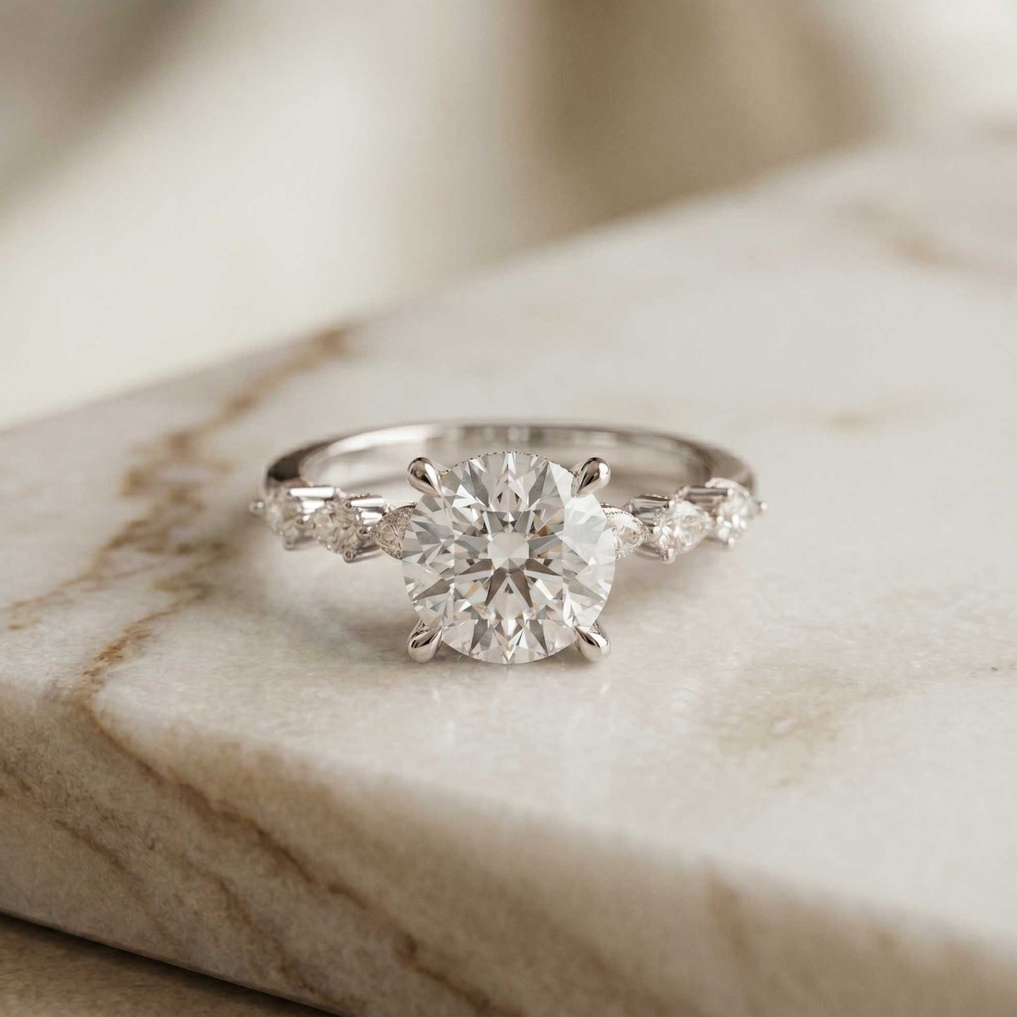 2.30 Ct Round Cut Moissanite Vintage Pear Accent Ring White