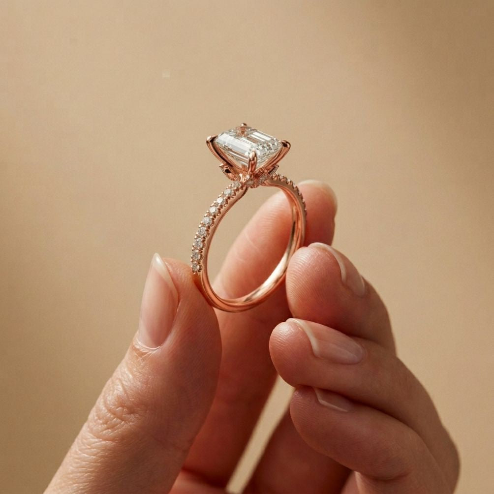 1.70 Ct Emerald Cut Moissanite Pavé Cathedral Ring Rose Gold