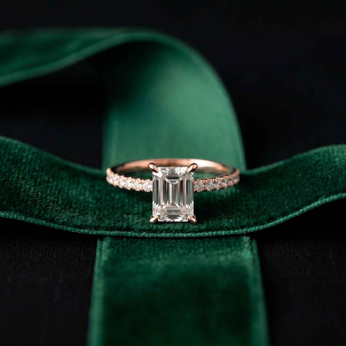 1.70 Ct Emerald Cut Moissanite Pavé Cathedral Ring Rose Gold
