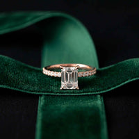 1.70 Ct Emerald Cut Moissanite Pavé Cathedral Ring Rose Gold
