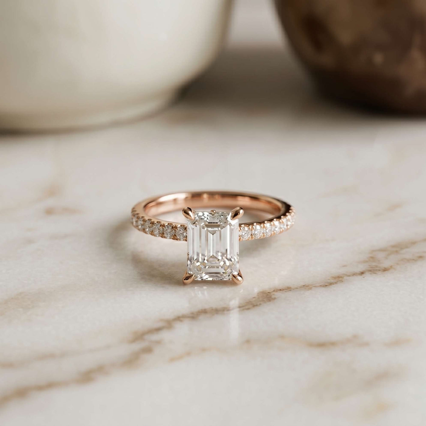 1.70 Ct Emerald Cut Moissanite Pavé Cathedral Ring Rose Gold