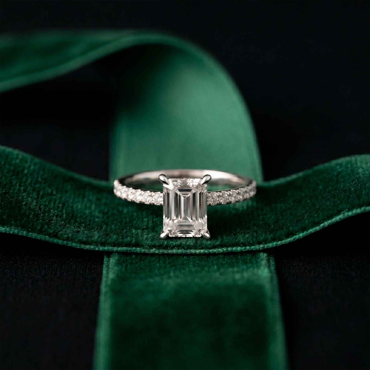 1.70 Ct Emerald Cut Moissanite Pavé Cathedral Ring White