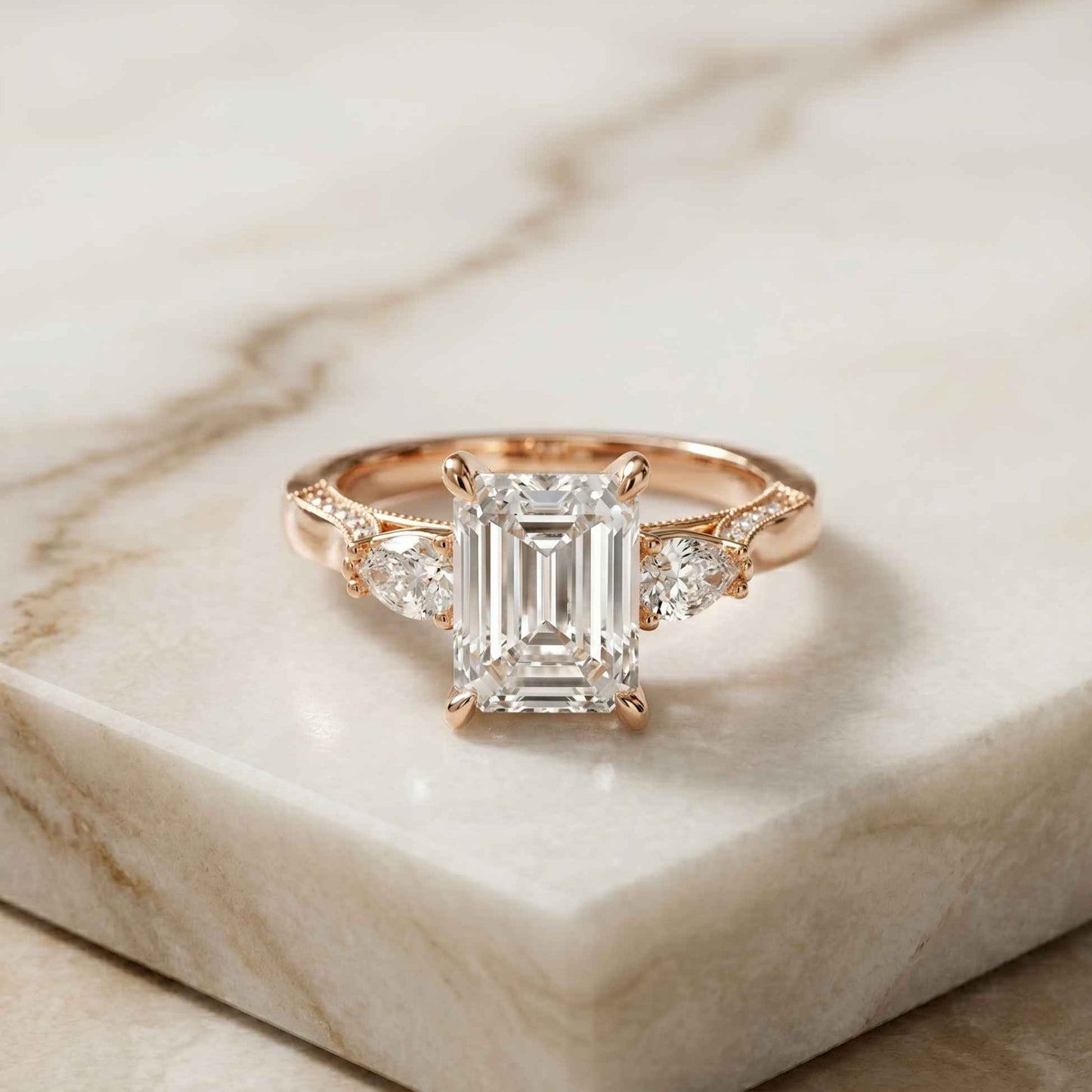 2.50 Ct Emerald Cut Moissanite Milgrain Vintage Ring Rose Gold