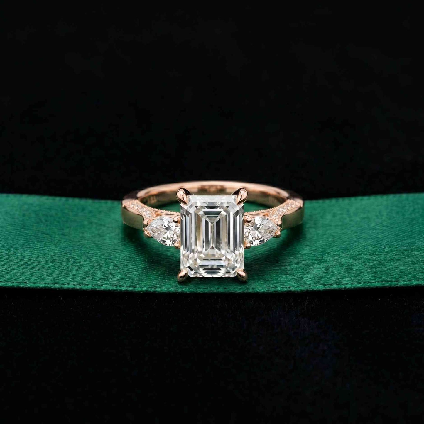 2.50 Ct Emerald Cut Moissanite Milgrain Vintage Ring Rose Gold