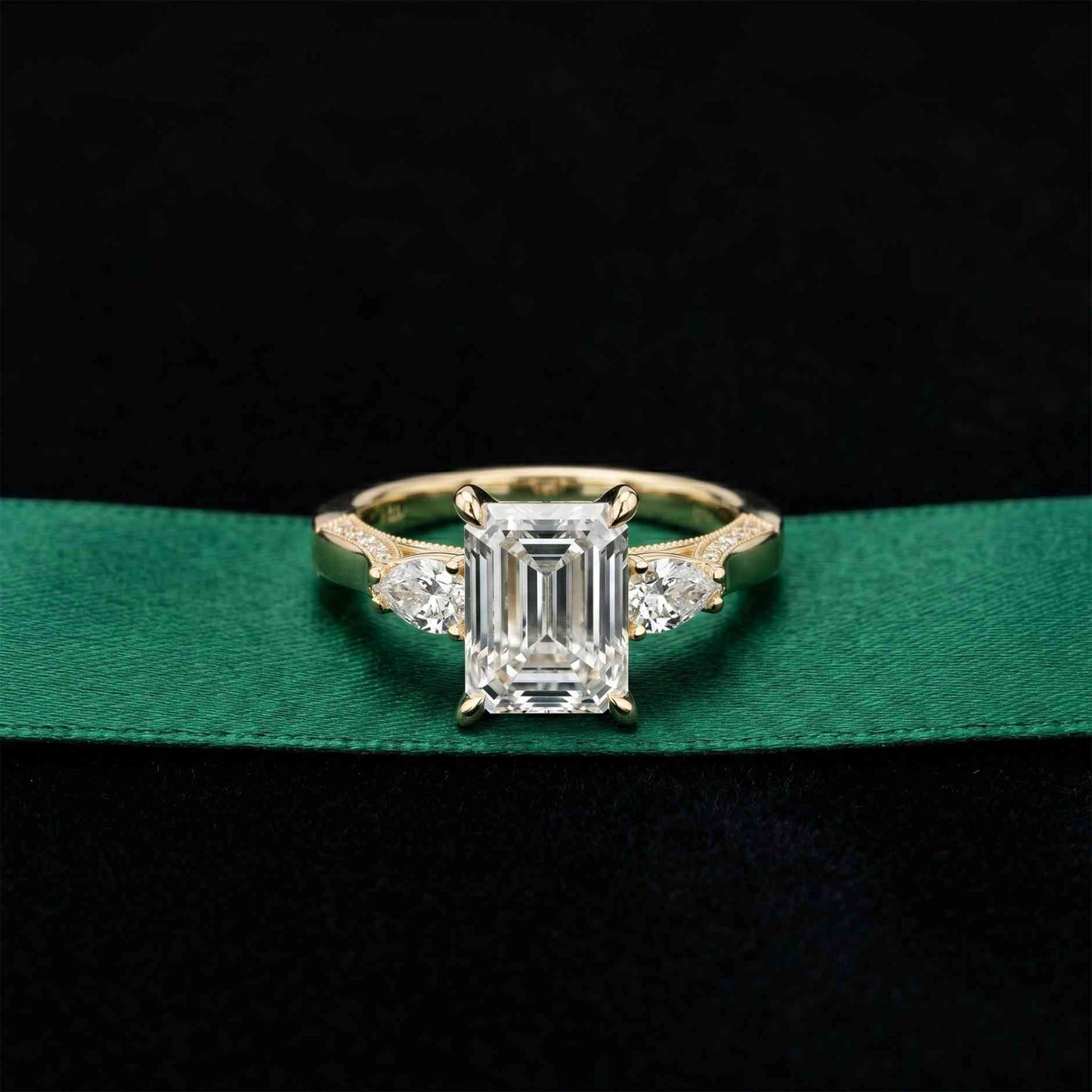 2.50 Ct Emerald Cut Moissanite Milgrain Vintage Ring Gold
