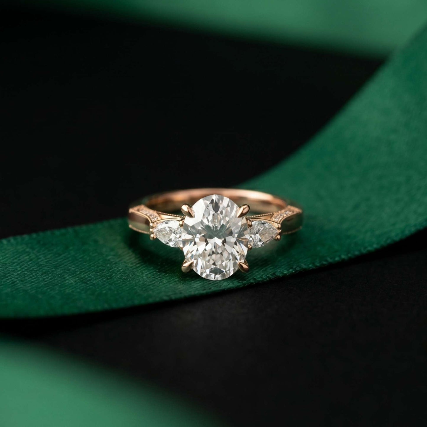 2.15 Ct Oval Cut Moissanite Heirloom Pear Accent Ring Rose Gold