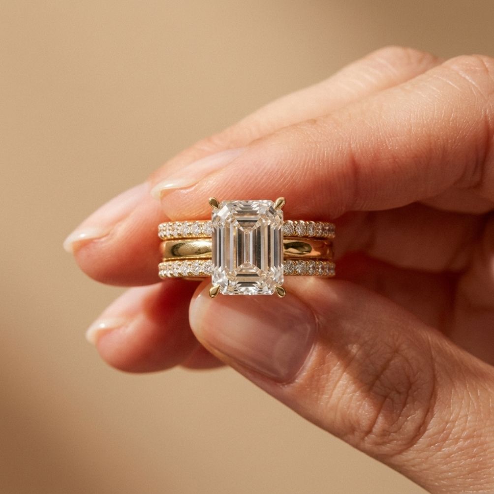 3.50 Ct Emerald Cut Moissanite Bridal Stack Ring Gold