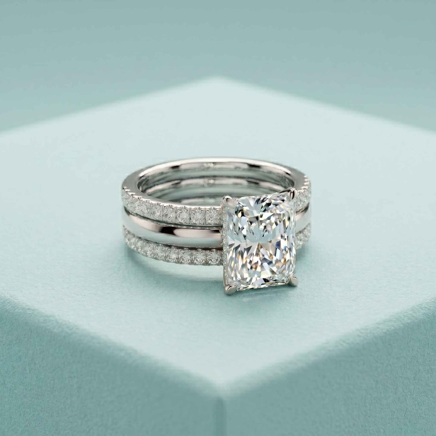 3.50 Ct Emerald Cut Moissanite Bridal Stack Ring White
