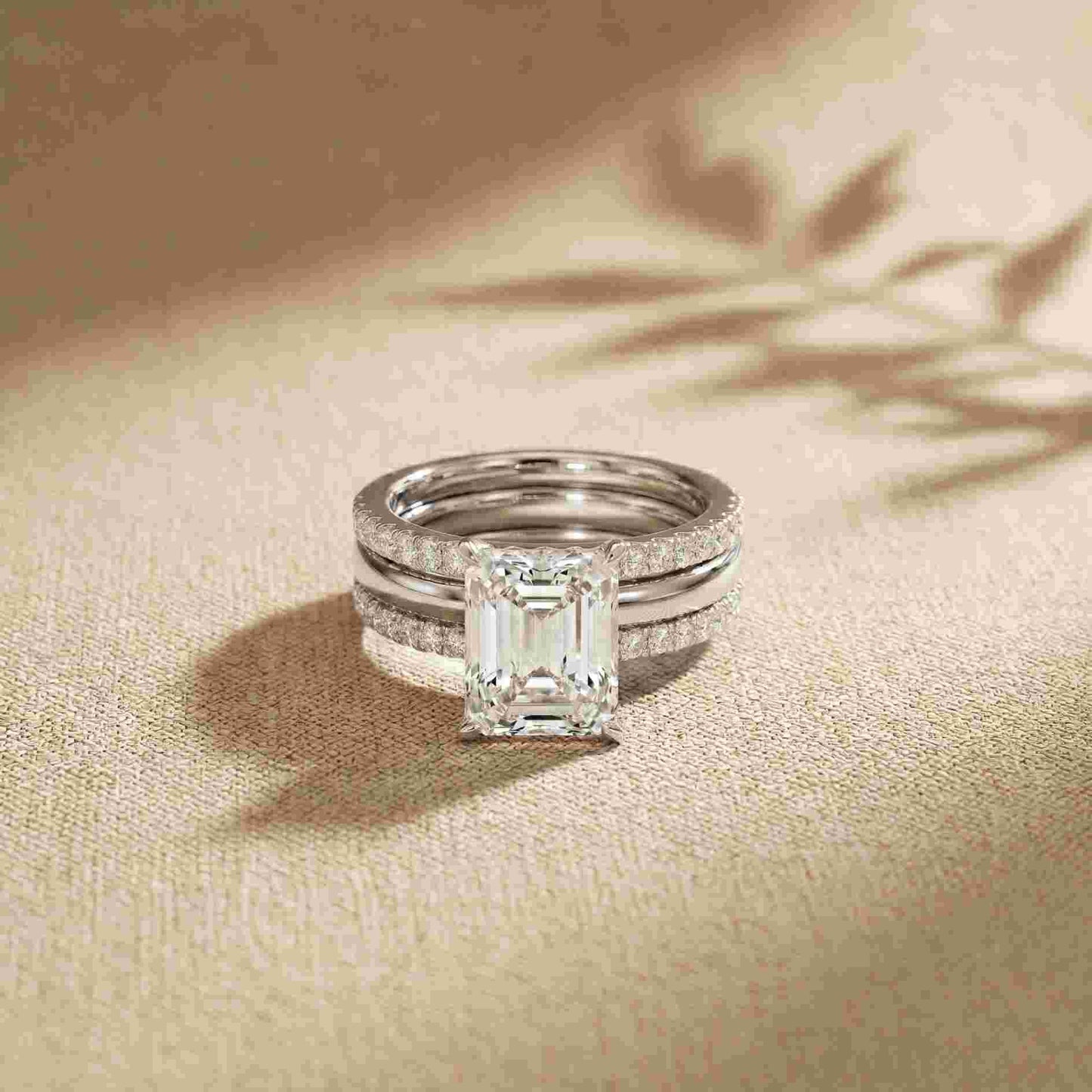 3.50 Ct Emerald Cut Moissanite Bridal Stack Ring White