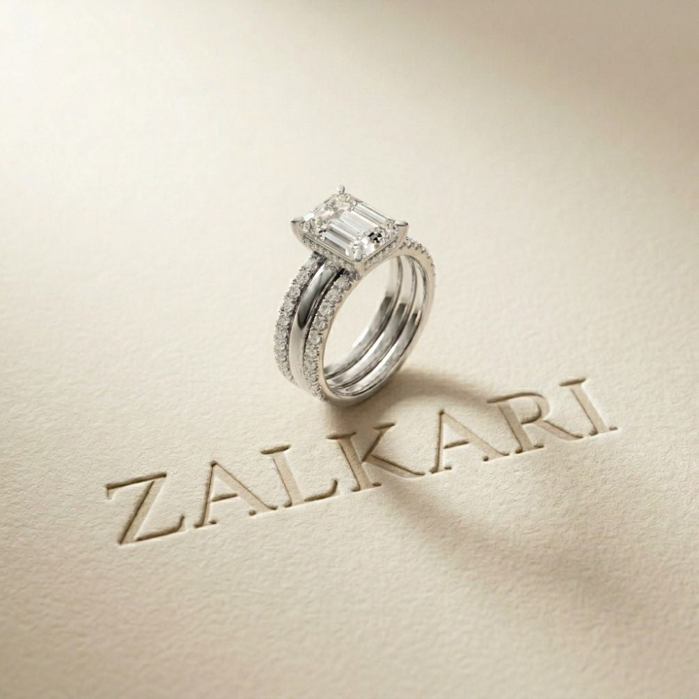 3.50 Ct Emerald Cut Moissanite Bridal Stack Ring White