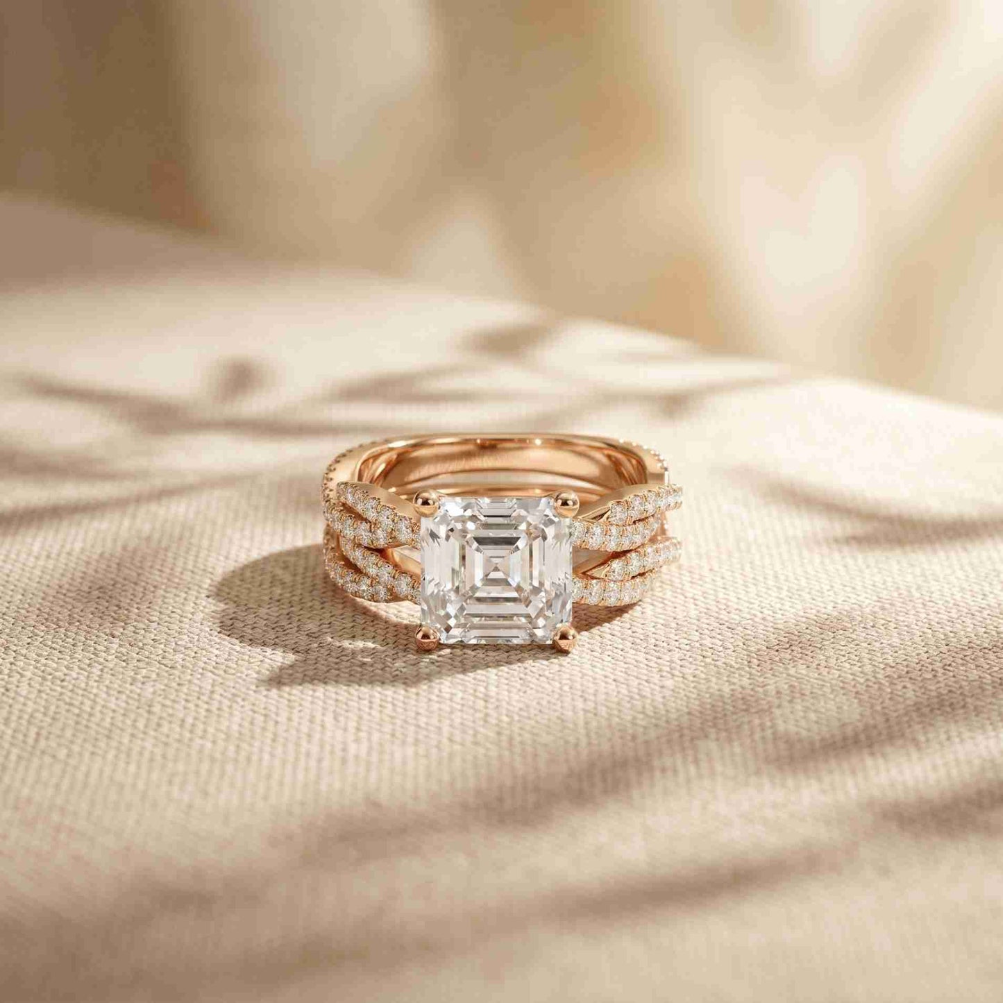3.25 Ct Asscher Cut Moissanite Twisted Pave Ring Rose Gold
