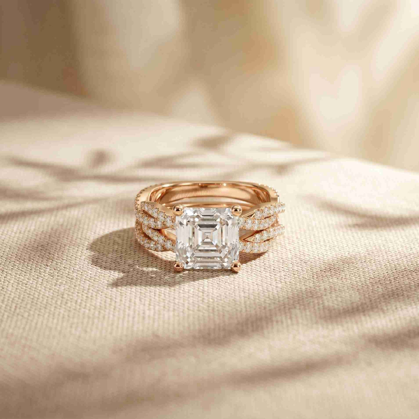 3.25 Ct Asscher Cut Moissanite Twisted Pave Ring Rose Gold