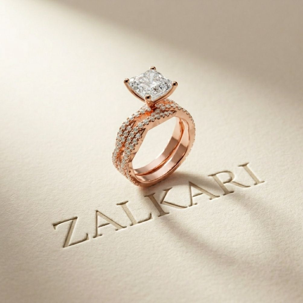 3.25 Ct Asscher Cut Moissanite Twisted Pave Ring Rose Gold