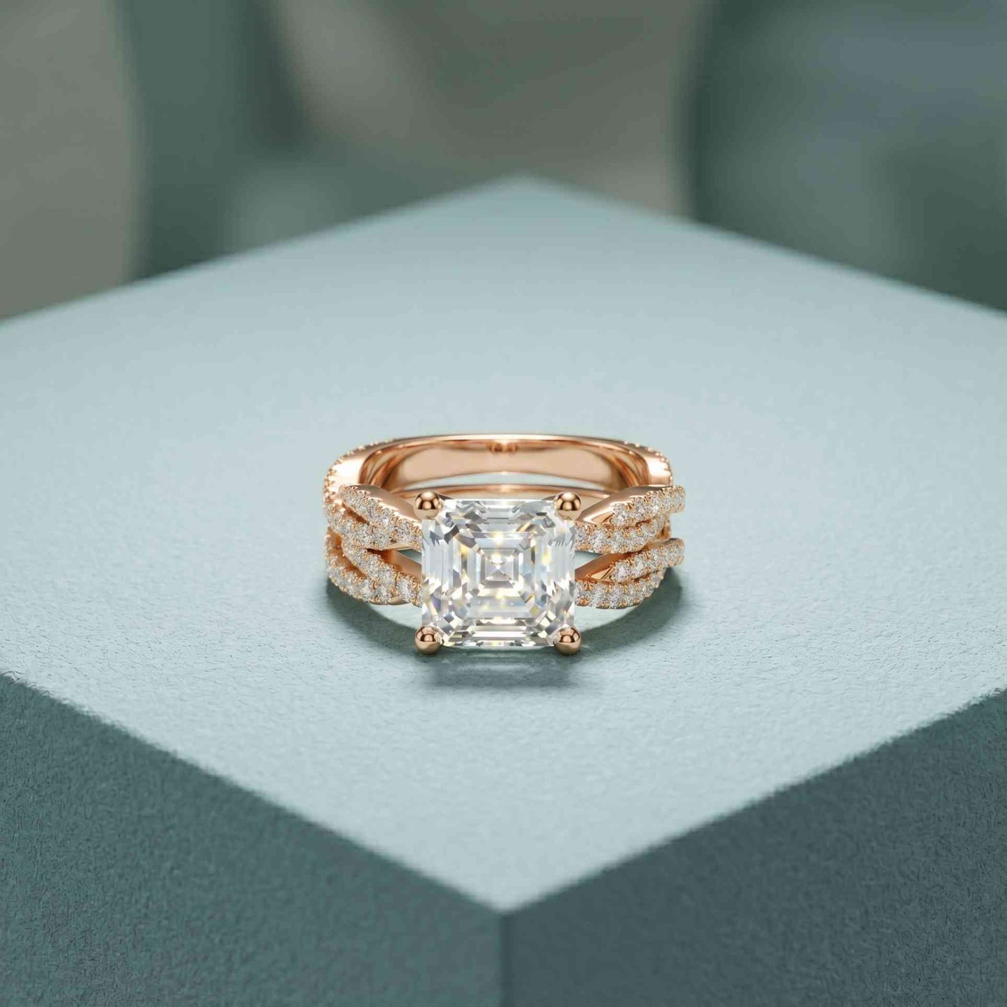 3.25 Ct Asscher Cut Moissanite Twisted Pave Ring Rose Gold