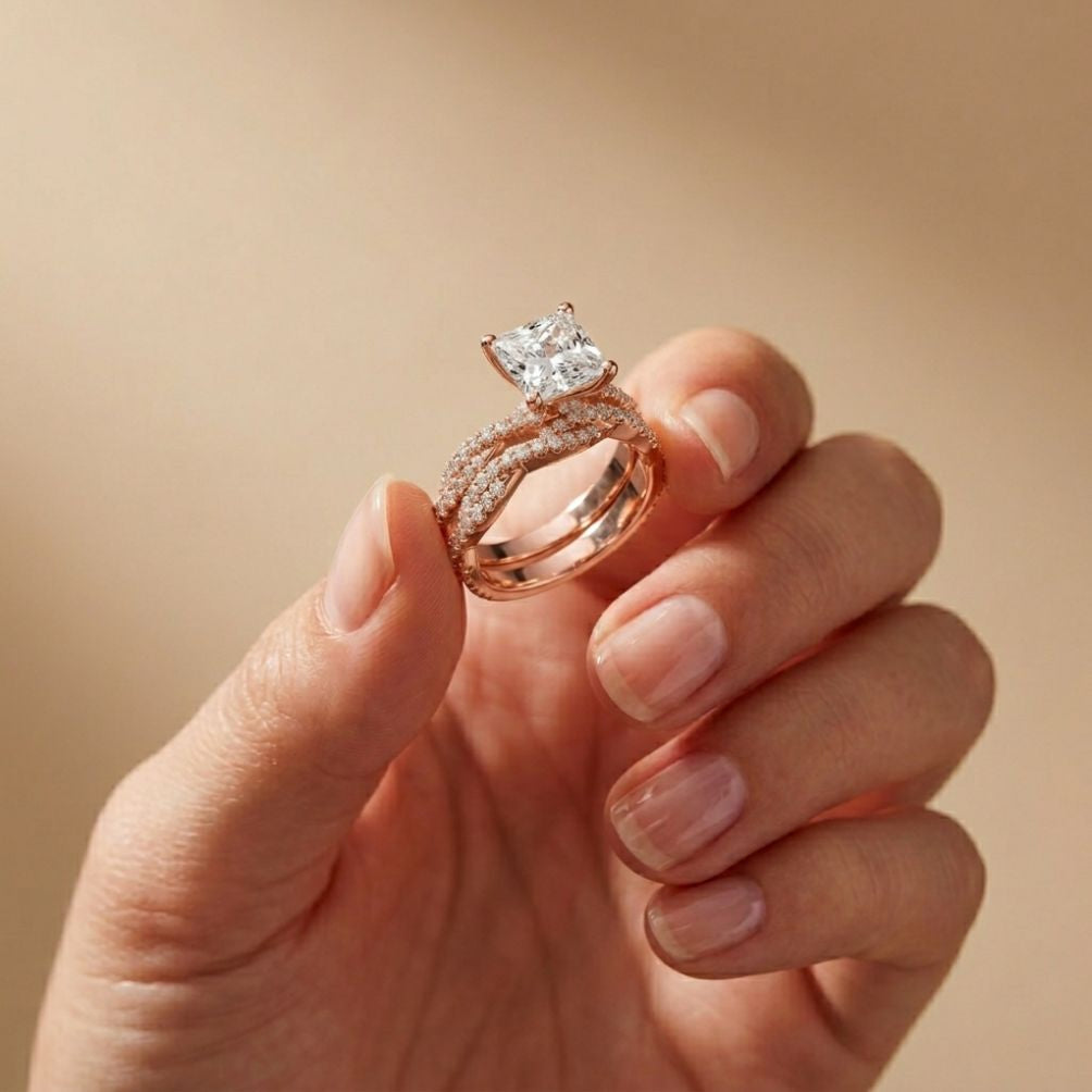 3.25 Ct Asscher Cut Moissanite Twisted Pave Ring Rose Gold