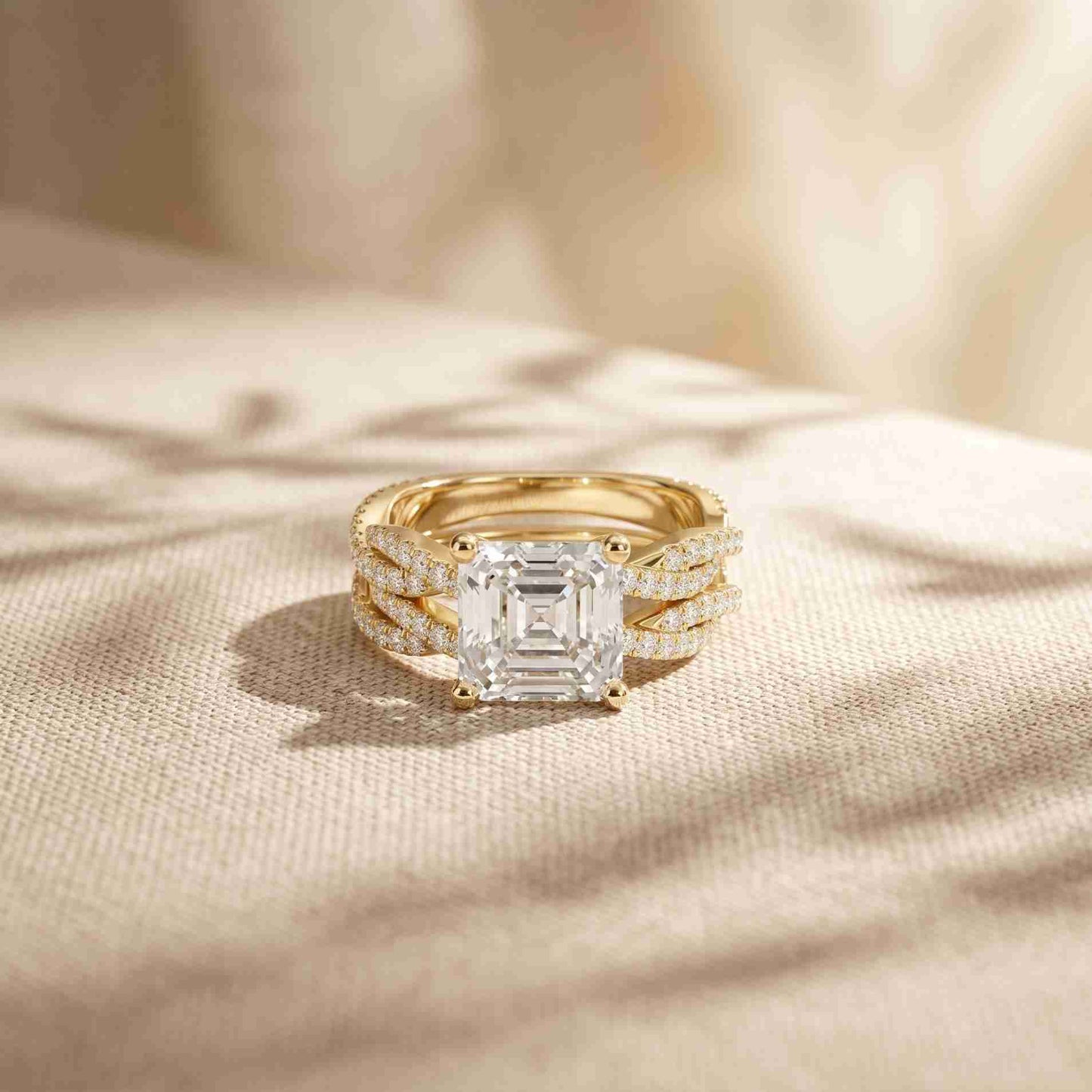 3.25 Ct Asscher Cut Moissanite Twisted Pave Ring Gold